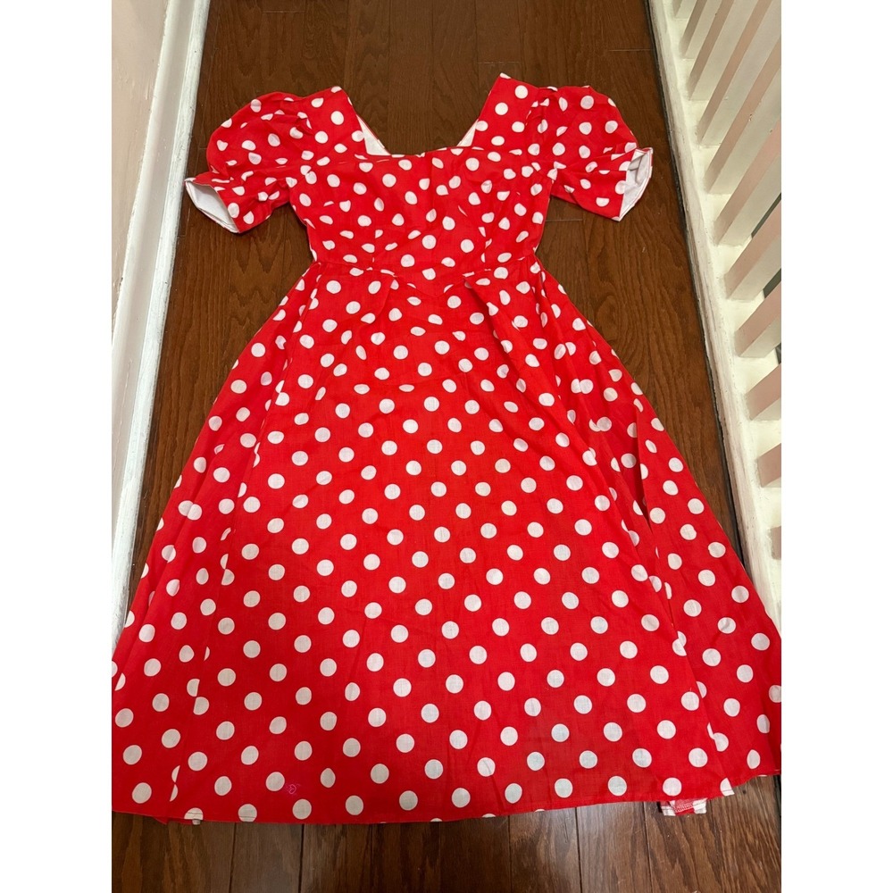 Vintage Style Red Polka Dot Puff Sleeve Midi Dress Rockabilly Pinup Sweetheart